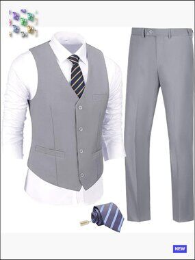 Slim Fit Suit Set Vest Pants Tie Modern Formal Business Wedding Elegant